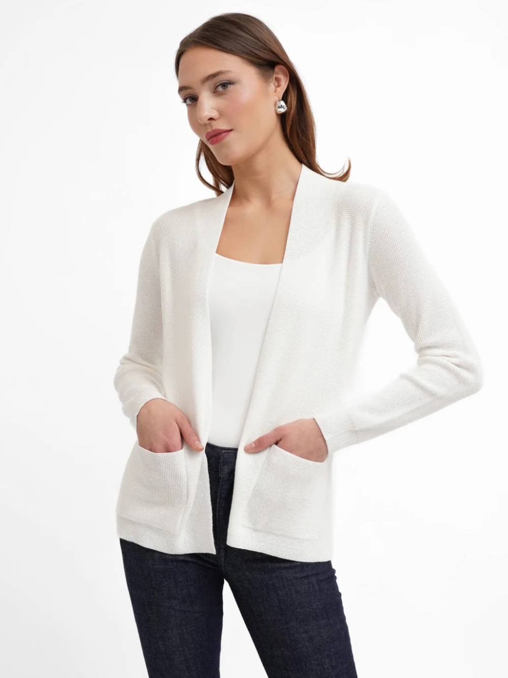 Cyrus - Soft Structure Patch Pocket Textured Knit Open Cardigan in Bone